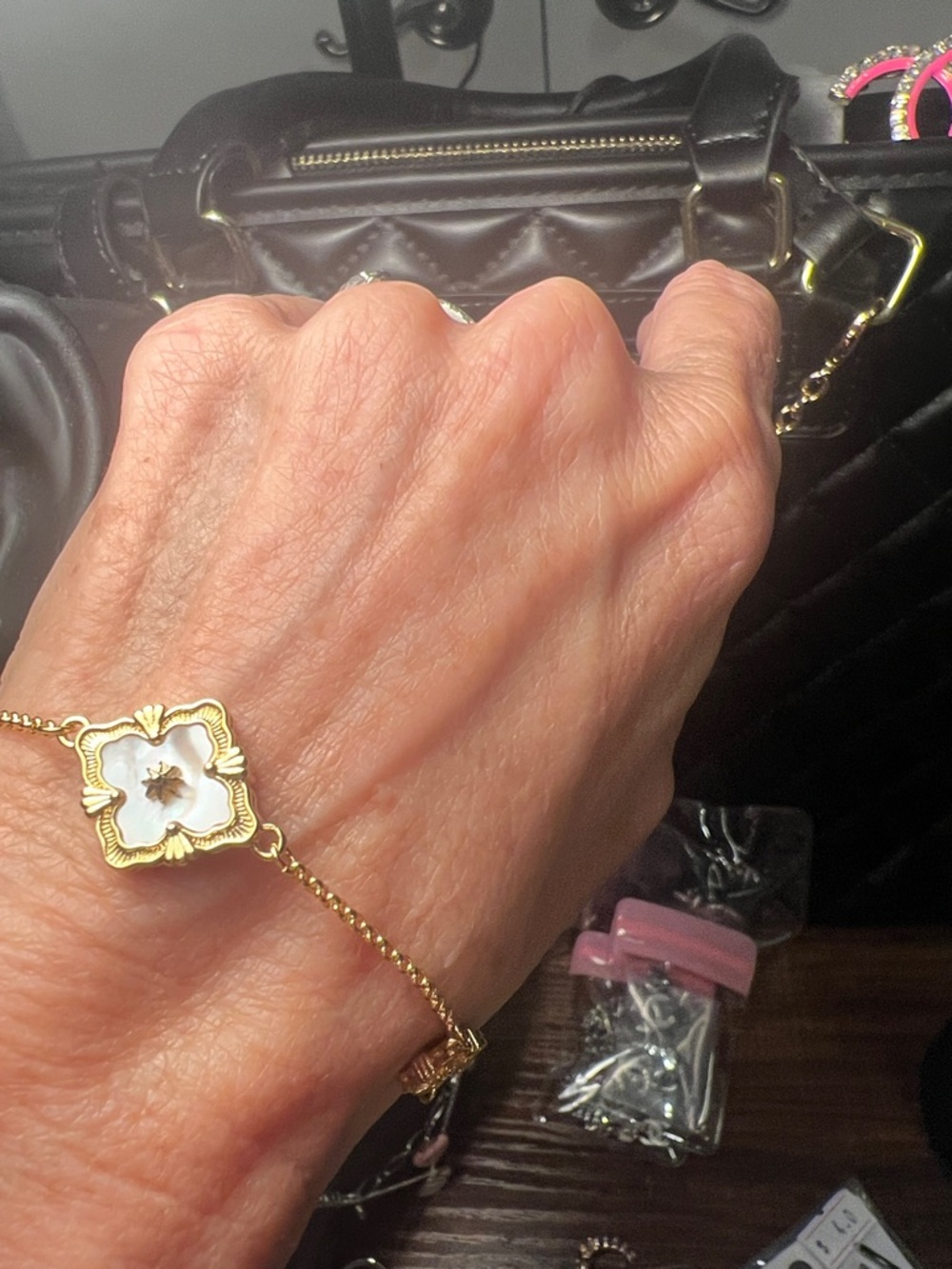 Gold-Tone Mother of Pearl Flower Bracelet - White/Gold